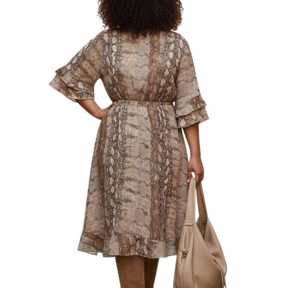 Dex Snakeskin Print V-Neck Ruffled Flutter Sleeve Faux Wrap Midi Dress 1X Earthy - Picture 2 of 11